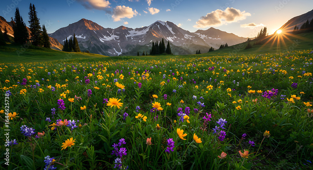 Fototapeta premium Vibrant alpine wildflower meadow glowing in the golden light of a spectacular mountain sunrise.