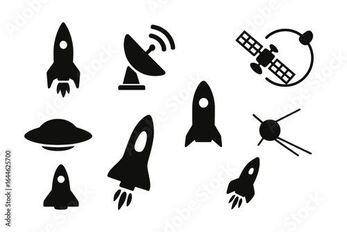 Rocket and satellite silhouette icon set. Space exploration and aerospace technology symbols. Spaceship, spacecraft, UFO, antenna, and sputnik vector illustration collection.