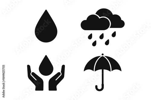 Water conservation and weather icon set. Vector symbols for rain, clouds, umbrella, and saving water. Hands holding drop for environment, sustainability, and climate themes.