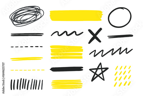 Scribbles, highlights, underlines, and symbols in assorted styles and patterns for design elements vector illustration on transparent background, colorful and dynamic accents