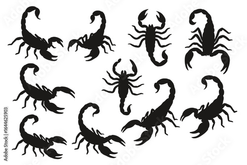 Scorpion silhouette set. Vector collection of black scorpions isolated on white background. Dangerous venomous arachnid illustration for design, logo, or tattoo. Scorpio concept.