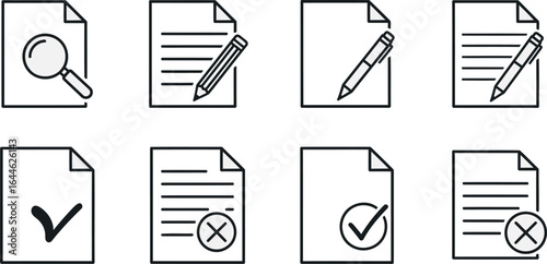 A set of eight document icons, including magnifying glass, pencil, pen, checkmark, and X mark symbols.
