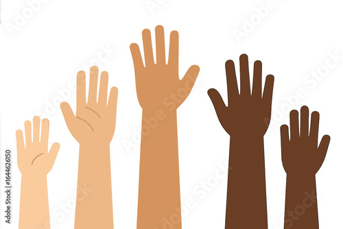 Diverse raised hands in various shapes and sizes, all facing forward, symbolizing unity, inclusion, and diversity. Vector illustration with transparent background.