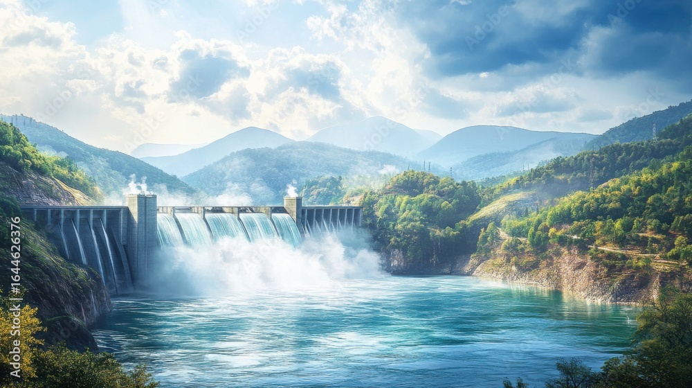 Fototapeta premium Majestic dam with flowing water in serene mountainous region