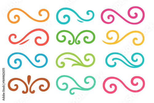 Colorful swirl ornaments and decorative flourishes. Hand-drawn doodle style vector elements. Elegant scroll and filigree designs for page decoration, dividers, or borders.