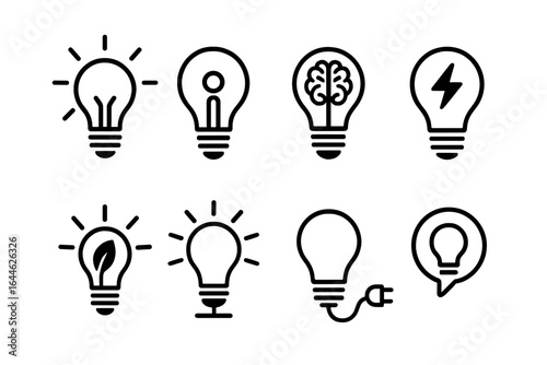 Light bulb icon set. Symbol of creativity, innovation, inspiration, invention, and idea. Brainstorming and creative thinking concept. Smart solution. Power and energy sign.
