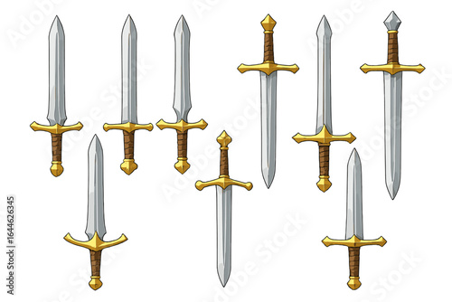 Sword vector collection of medieval weapons. Gold and silver fantasy swords with double edge blades. Various cross guards and hilt designs for knight combat tool illustration.