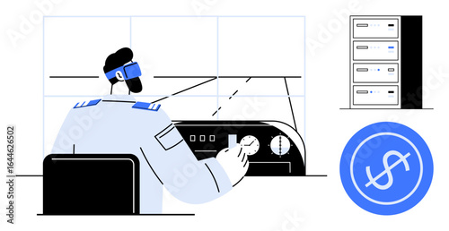 Professional monitoring system at a control panel with screens, server rack, and financial emblem. Ideal for technology, analytics, management, data security, IT support fintech innovation. Simple