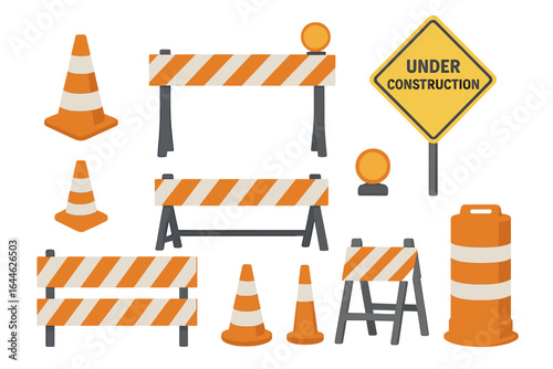 Traffic barrier vector set. Cones, roadblocks, and barricades. Safety signs for road work. Under construction elements. Roadblock and street repair icons collection.