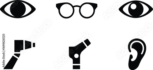 Ophthalmology and otolaryngology medical icons with a distinctive silhouette style