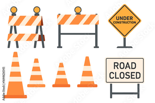 Traffic barrier vector set with cones, roadblocks, and barricades. Safety signs for construction sites, like road closed and under construction. Road work and repair icons.