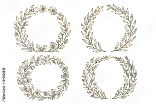 Vintage nature-inspired wreaths vector illustration set with floral and leafy elements on transparent background, rustic botanical design for decoration and crafts