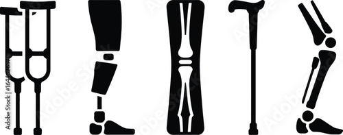 Collection of orthopedic and prosthetics medical icons in silhouette style