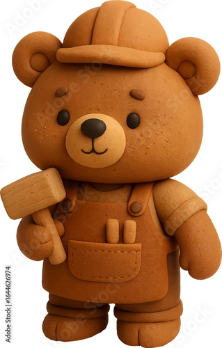 Cute Cartoon Builder Bear with Helmet and Hammer