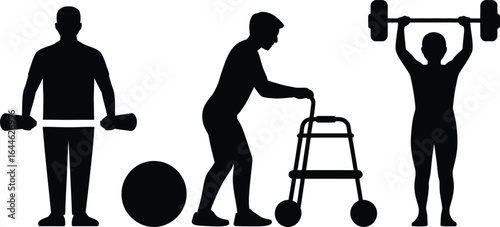 Man performing physical therapy exercises with medical equipment silhouette