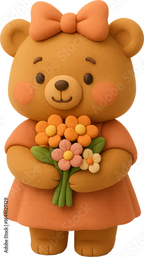 Cute Bear Holding Flowers with Bow