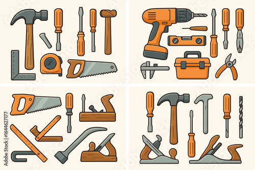 Carpenter tools collection vector illustration. Set of woodworking and construction equipment like hammer, saw, drill, and screwdriver for repair and DIY projects.