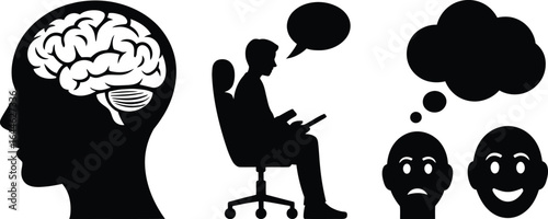 Psychology mental health therapy brain mind cogitation icons silhouette set