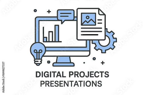 Digital project management and presentation concept. Data analysis and business solution idea. Creative workflow for software resources and marketing reports. Infographic.