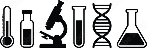 Collection of scientific laboratory research equipment and tools in a stylized silhouette