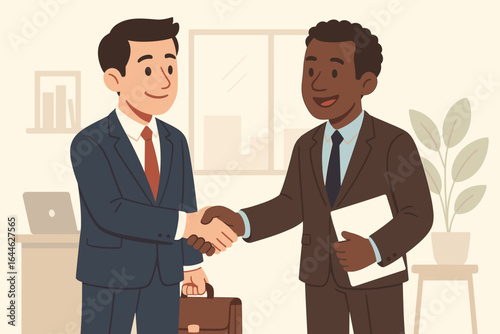 Business handshake. Deal agreement concept. Two diverse businessmen partners shaking hands in office. Successful negotiation. Corporate partnership. Welcome meeting. Teamwork.