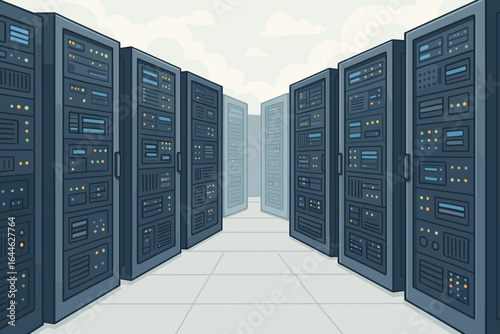 Data center server racks. Big data storage and cloud computing technology. Vector cartoon illustration of a server room with hardware for network infrastructure and web hosting.