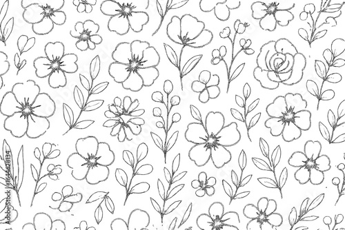 Seamless floral pattern with hand drawn flower and leaf sketches. Botanical vector line art illustration. Delicate monochrome doodle background for textile, fabric, wallpaper.