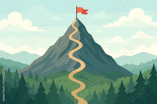 Mountain peak with flag on summit and trail to top. Business strategy, leadership, planning, and vision concept. Path to goal achievement, success, and mission.