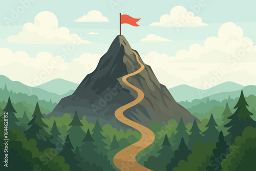Mountain peak with a flag on the summit and a path to the top. Concept of business success, goal achievement, career journey, leadership, and strategy. Metaphor for mission.