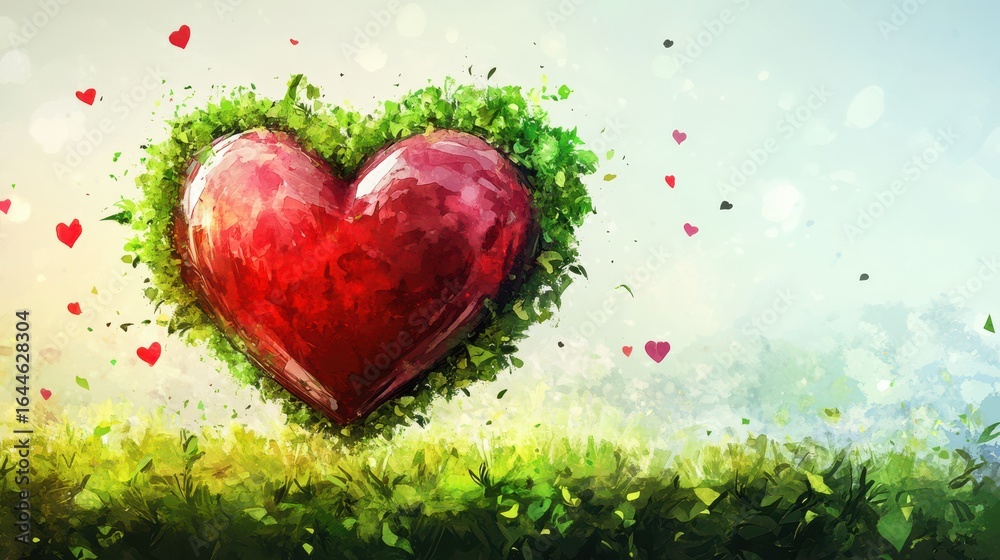 Obraz premium Large red heart shape covered in green foliage in grassy field