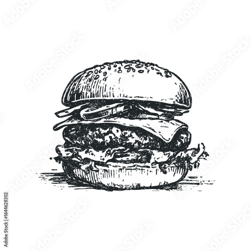Hand Drawn Sketch of a Delicious Burger with Sesame Seed Bun