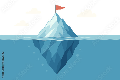 Iceberg model metaphor for business strategy. Tip of the iceberg with flag on top for success and achievement. The hidden part underwater represents unseen potential or risk.