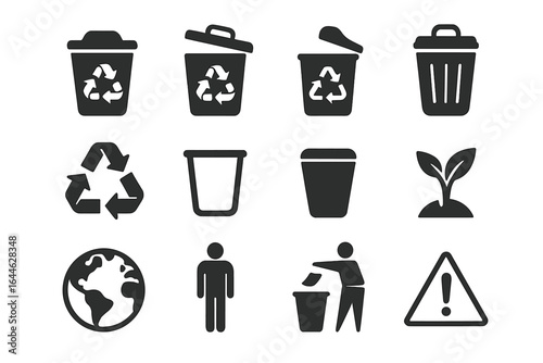 Recycling waste bins vector icons set. Eco-friendly environment sustainability concepts. Garbage can, trash container, earth globe, plant sprout pictogram symbol collection.