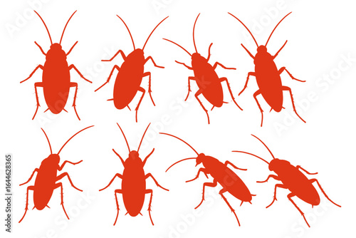 Cockroach silhouette vector set. Red roach bug icon collection for pest control design. Crawling insect pest illustration. Parasite infestation and extermination concept.
