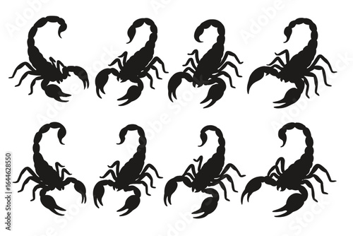 Scorpion silhouette set. Scorpion vector collection isolated on white background. Arachnid icon pack. Poisonous animal symbol for logo, tattoo or zodiac sign Scorpio design.