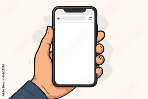Hand holding mobile phone with empty blank web browser screen. Smartphone display mockup for website or app presentation. Vector cartoon illustration concept for internet search.
