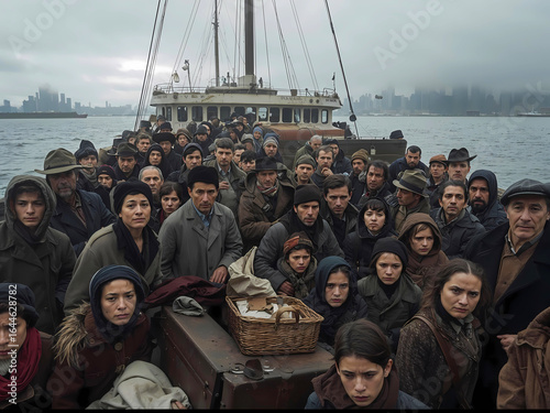 European immigrants of the 19th or esarly 20th century crowded on ship coming into New York harbor