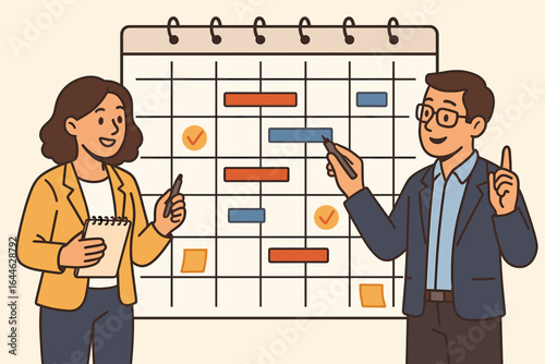 Project management concept with team planning business schedule on a calendar. Colleagues discussing strategy and workflow. Gantt chart for task management and progress tracking.