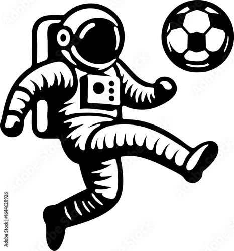 Sketchy cosmic emblem of Space pioneer plays football on distant planet in monochrome. Engraving minimalistic vector in black ink drawing on transparent background