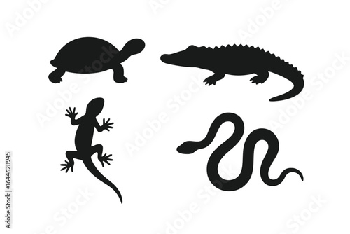Set of black reptile silhouettes. Vector icons of turtle, snake, alligator, lizard. Isolated wildlife animal shapes for creative design, logo, or educational purposes.