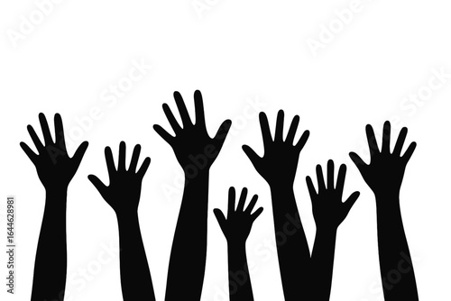 Hands up silhouette vector illustration. Crowd of people raising arms. Concept of voting, volunteering, charity, support or participation. Transparent background design.