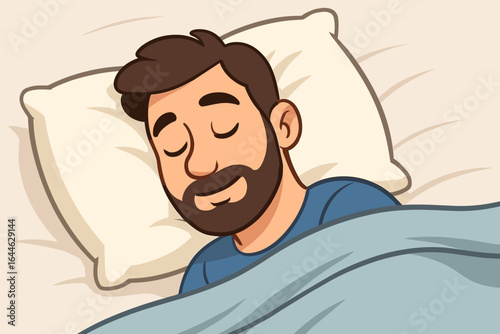 Man sleeping peacefully in bed. Person resting at night, feeling comfort and relaxed. Head on pillow, dreaming. Healthy sleep lifestyle concept. Vector cartoon illustration.