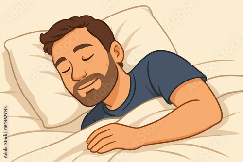 Man sleeping peacefully in bed. Male character resting at night, dreaming sweetly. Concept of healthy sleep, relaxation, and comfort. Vector cartoon illustration.