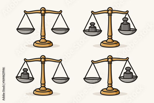 Set of vector scales of justice. Symbol for law, balance, equality and comparison. Weighing decision and choice. Equilibrium and imbalance metaphor. Flat cartoon icon set.