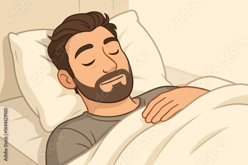 Sleeping man in bed, face with closed eyes. Male person falling asleep, feeling comfort and relaxed with head on pillow lying under blanket. Health and rest. Vector cartoon.