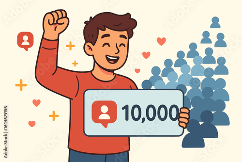 Social media influencer celebrating 10k followers milestone. Happy young man showing 10,000 subscribers number. Digital marketing success, online community growth concept vector.