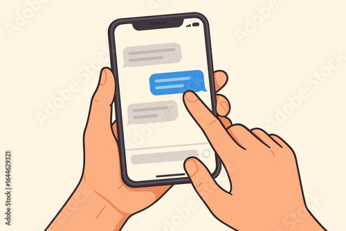 Hand holding smartphone and typing a text message. Person using mobile phone screen for online chat. Digital communication and messenger app concept. Flat cartoon vector.