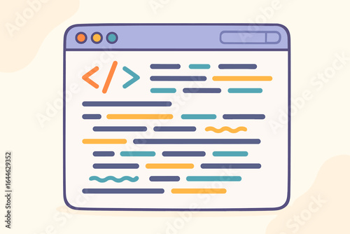 Programming concept. Web browser with code. Software development vector illustration. Abstract html syntax on screen. Computer technology, front-end developer cartoon design.