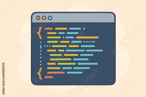 Code on computer screen vector illustration. Programming software window concept. Web development, app creation, or coding process. IT technology and data script.
