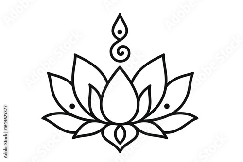 Unalome lotus flower line art logo. Symbol of spirituality, purity, beauty, enlightenment. Vector icon for yoga, meditation, wellness, harmony. Sacred geometry design.